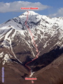 JV kuloár (S3, E2, hore 40-45° na 100 m, nižšie 30-40°, prevýšenie 1500 m - zlyžované 1200 m, 2x 10m prenášané lyže napešo - vytopené, červený ľahký)
