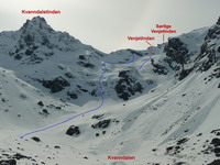 Horná časť doliny Kvanndalen s vyznačenými zjazdmi