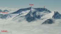 Východná strana masívu Finnan (1786 m.n.m.) s vyznačenou trasou výstupu na vrchol (prerušovaná čiara), zjazdom cez ľadovec do hlavnej muldy a naznačenou trasou následného výstupu na Alnestinden (fotené 31.05.2010 z Breitindu)