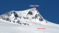 Rainer Horn (3560 m) - J stena (Traynard S5, E2, 45-50°, prevýšenie zjazdu z vrcholu na Rainer Kees cca 250 m, červený stredne ťažký)