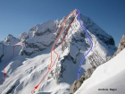 Ďalší deň skoro ráno vyrážame na dlhú túru na spektakulárny kopec s názvom Antelao - nahor ideme normálkou po severnom hrebeni (modrá línia), nadol lyžujeme variantou z vrcholu cez kuloár Menini k chate Gallasi (červená línia, 40-50°, E2+, 750 m, červený stredne ťažký), zdroj pre zákres: http://grupporagni.it